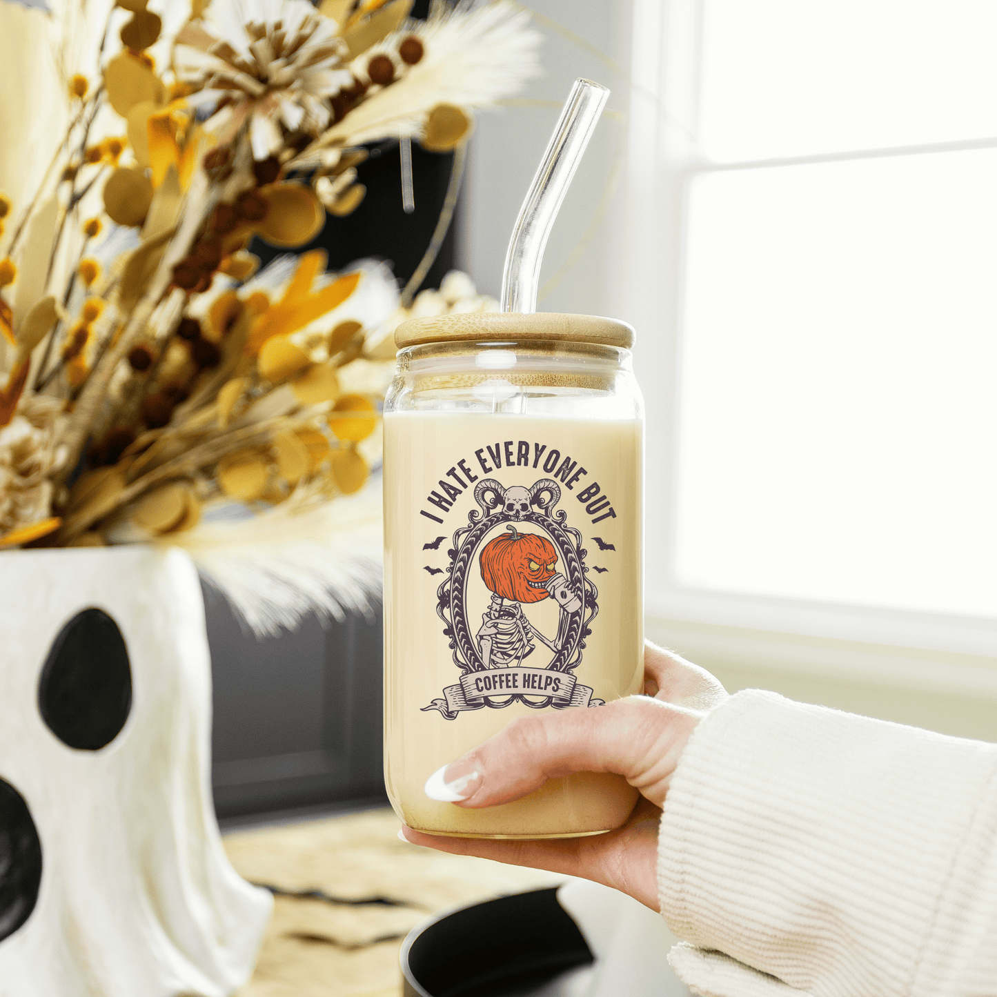 I hate everyone but coffee helps 16 oz glass can tumbler