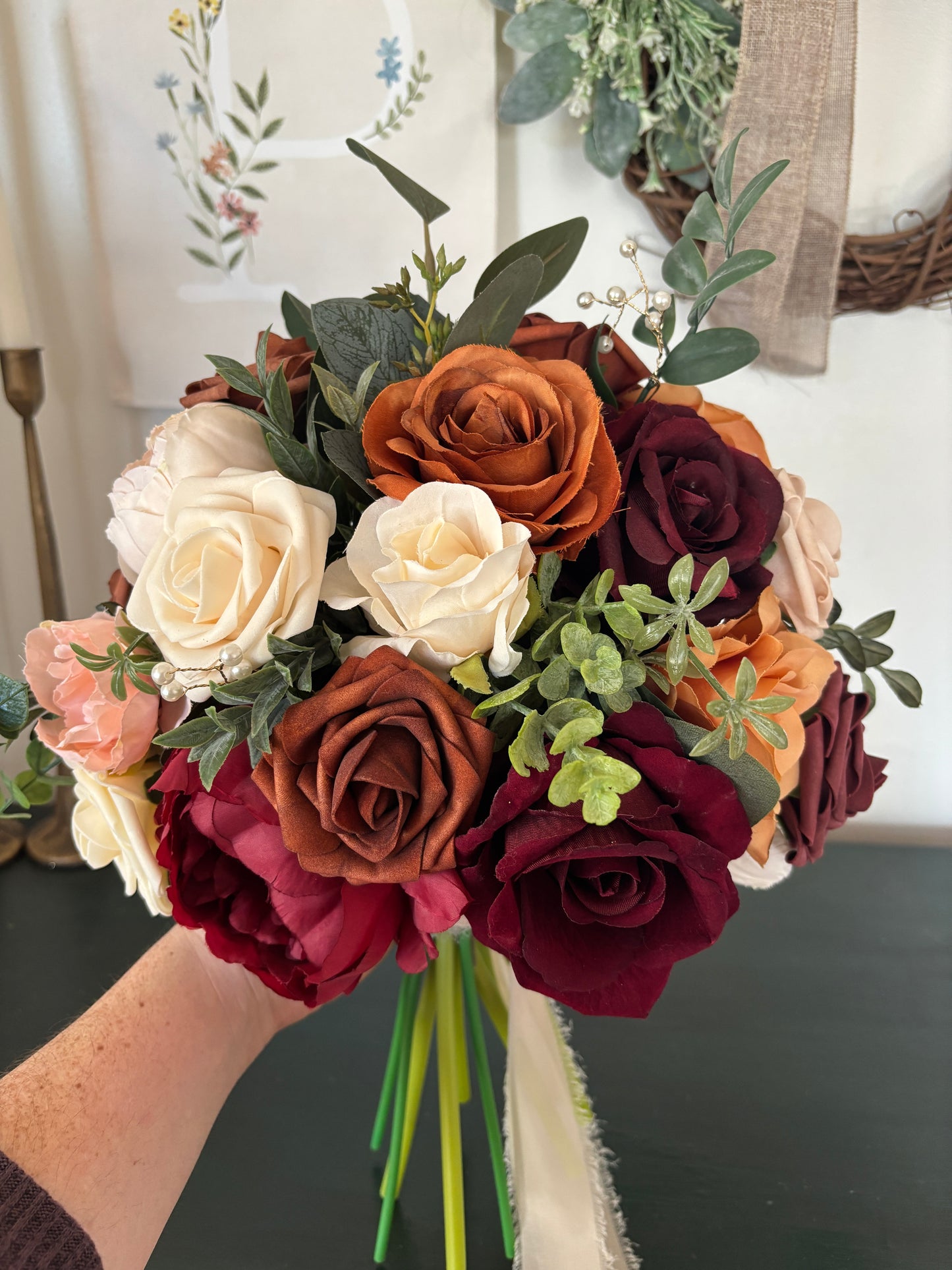 Burgundy & Rust Bridal Bouquet Terracotta and Maroon Bridesmaid Bouquet Silk Bouquet