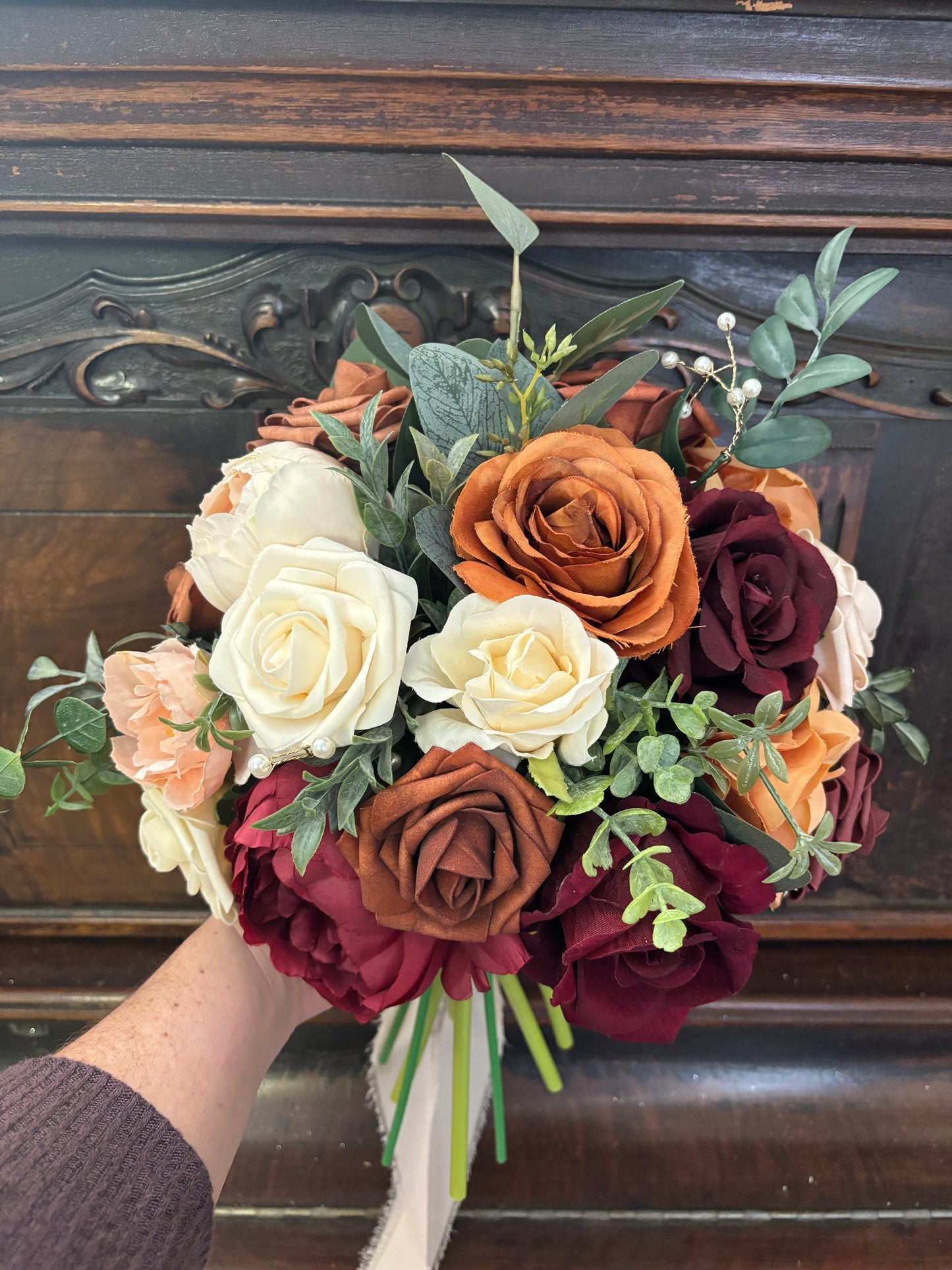 Burgundy & Rust Bridal Bouquet Terracotta and Maroon Bridesmaid Bouquet Silk Bouquet