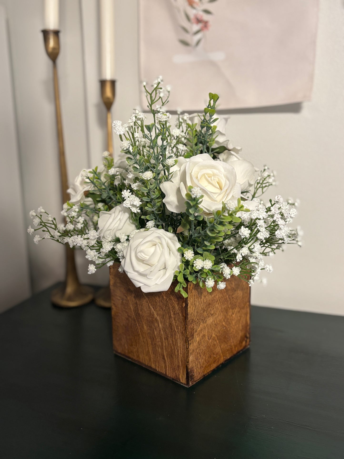 Wooden Wedding Centerpiece Faux Flowers Rustic Wedding Arrangement White Roses White Wedding Flowers White Babies Breath Fake Flower Silk Flowers All White