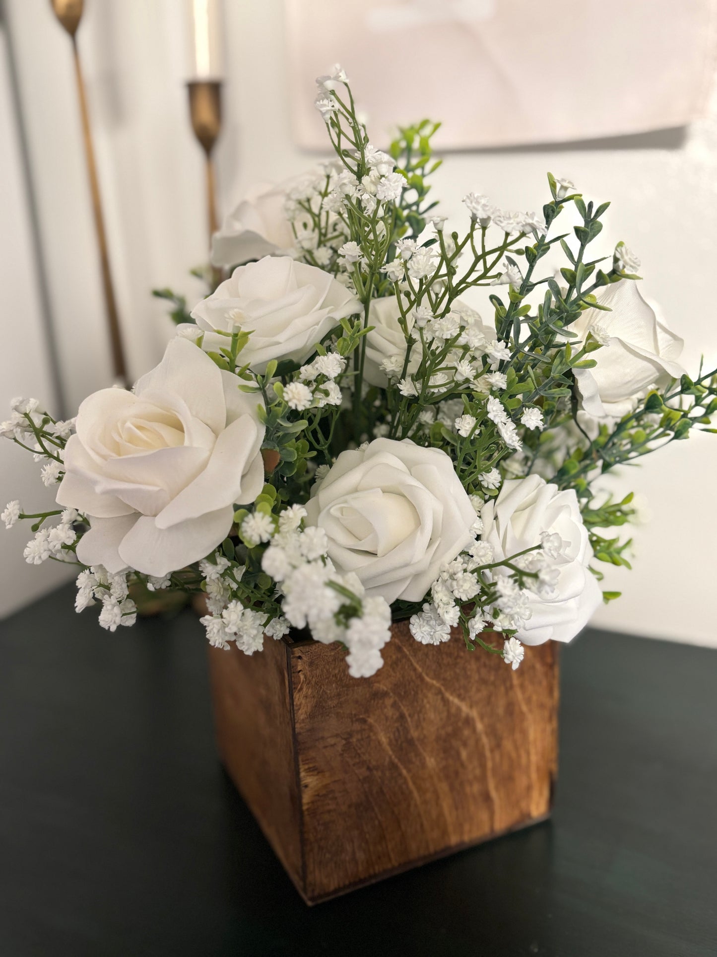 Wooden Wedding Centerpiece Faux Flowers Rustic Wedding Arrangement White Roses White Wedding Flowers White Babies Breath Fake Flower Silk Flowers All White