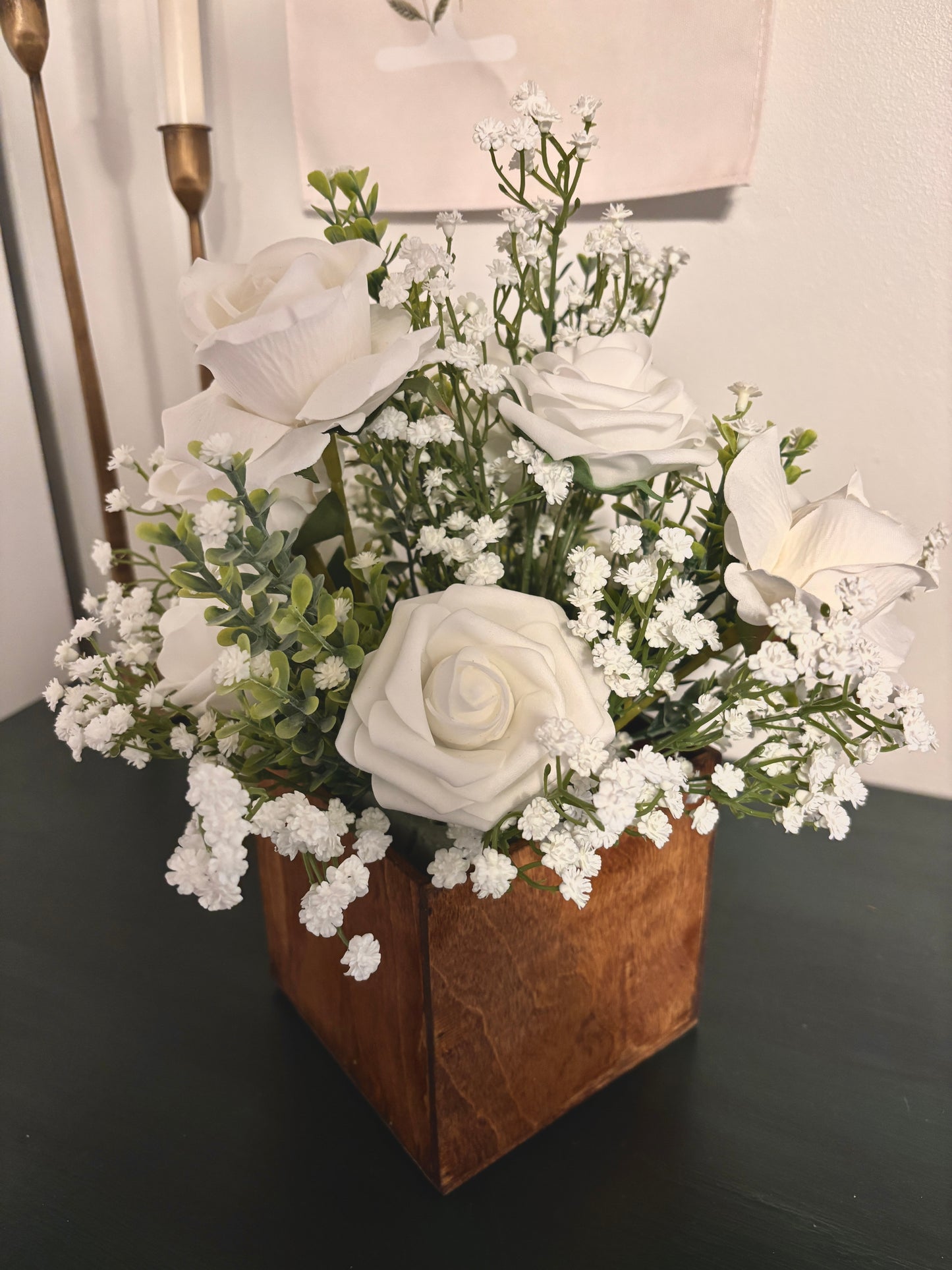 Wooden Wedding Centerpiece Faux Flowers Rustic Wedding Arrangement White Roses White Wedding Flowers White Babies Breath Fake Flower Silk Flowers All White