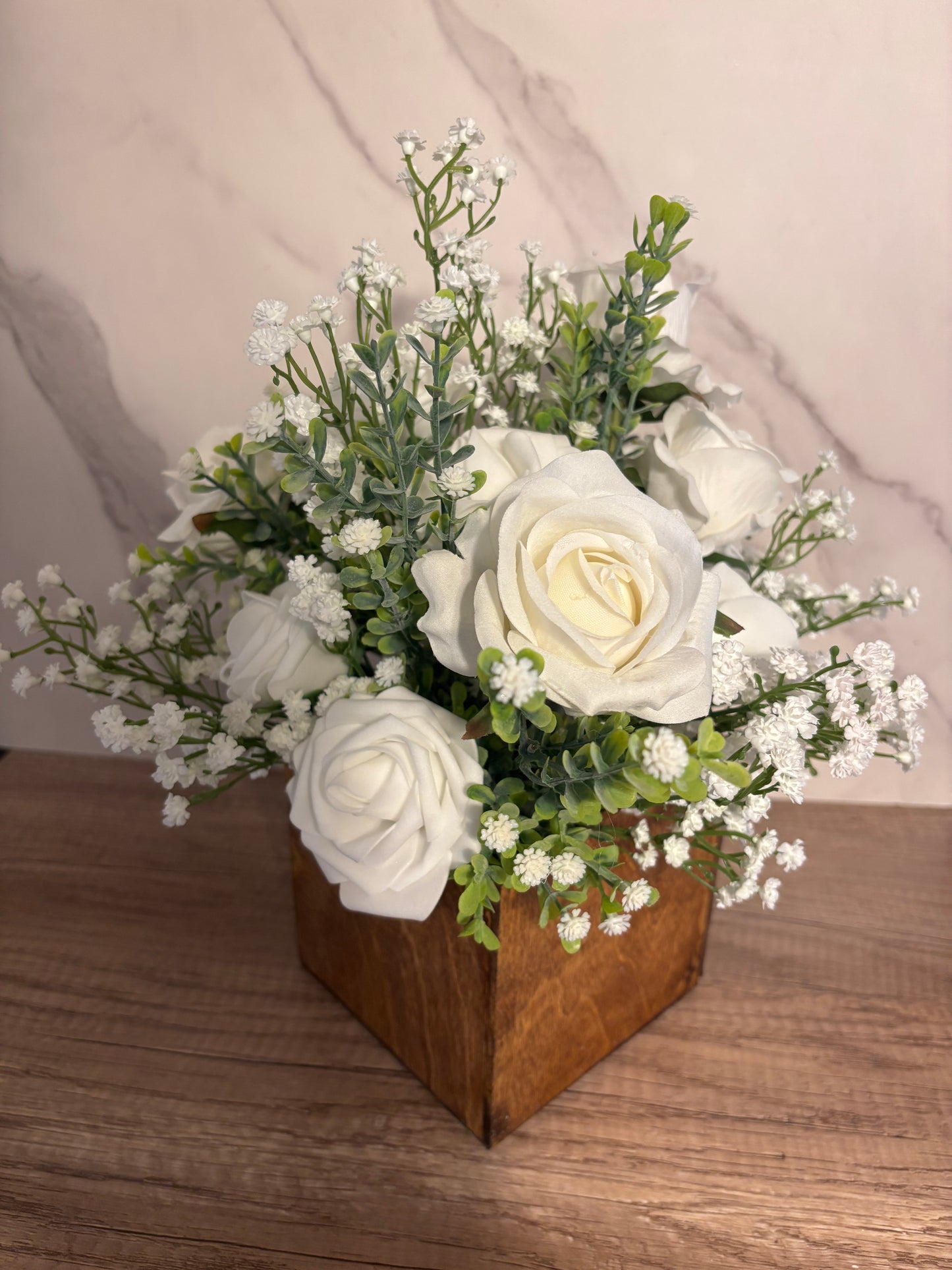 Wooden Wedding Centerpiece Faux Flowers Rustic Wedding Arrangement White Roses White Wedding Flowers White Babies Breath Fake Flower Silk Flowers All White