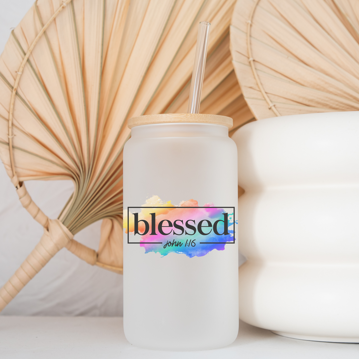 Religious Glass Can Tumbler 16 oz Glass Can Tumbler with John 1:16 Bible Verse – Inspirational Faith-Based Drinkware for Daily Use and Christian Gifts
