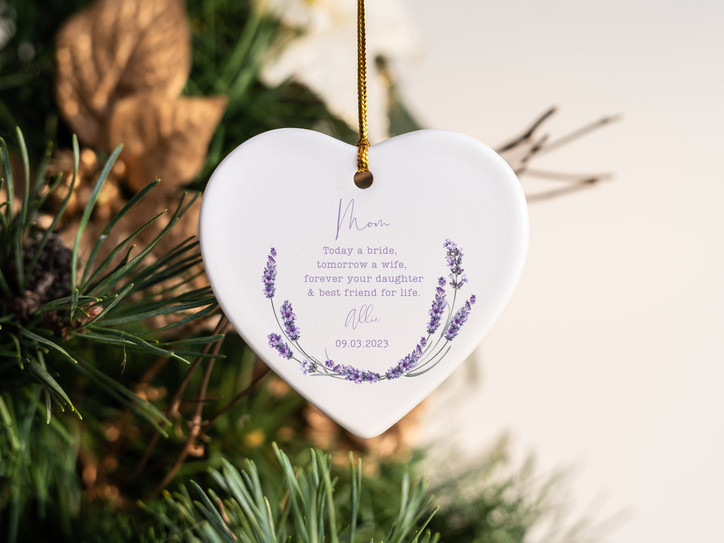 Personalized Mother of the Bride Christmas Ornament Keepsake Lavender Wedding Gift for Mom from Bride to be custom Mother of the bride gift
