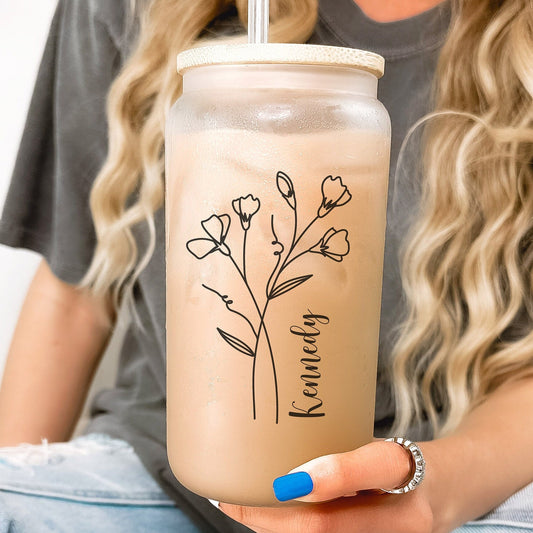 Personalized Birth Month Flower Glass Can Tumbler