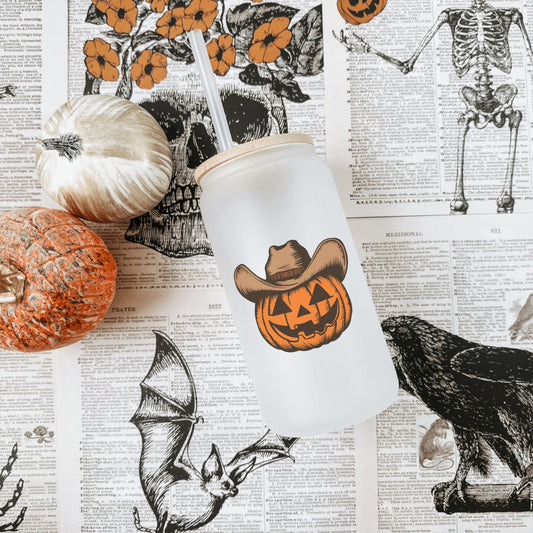 Funny Halloween Cup Glass Can Coffee Cup Pumpkin Cowboy Cup Frosted Glass Halloween Cup  Spooky Cup Iced Coffee Can Western Halloween Cup