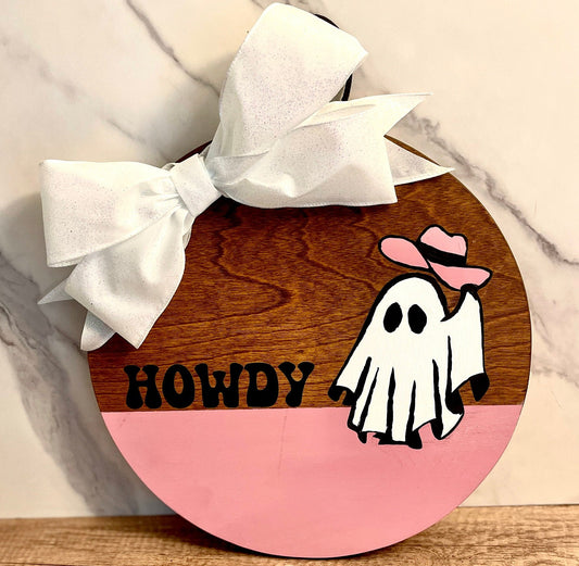 Howdy Ghost Door Hanger Halloween Door Hanger Pink Halloween Front Door Decor for Halloween Western Halloween Decoration Ghost Cowboy Decor