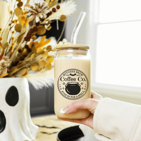 Witch Glass Can Cup Halloween Glass Tumbler for Spooky Season Cup Witches Hat Gift for Her Witches Broom Witches Brew Tumbler Glass Coffee